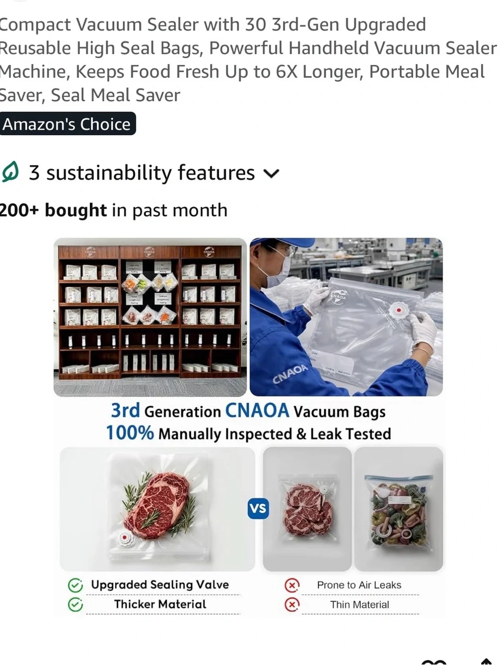 NIB CNAOA Portable Vacuum Sealer Set with  30 PCS Vacuum Seal Bags